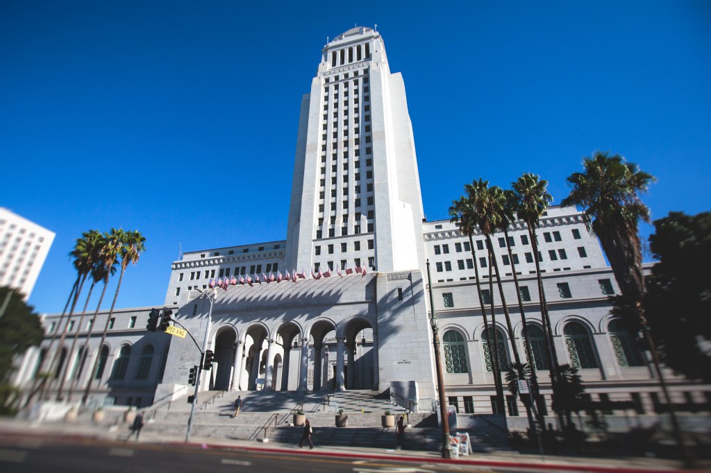 Los Angeles City Hall building on a sunny day.