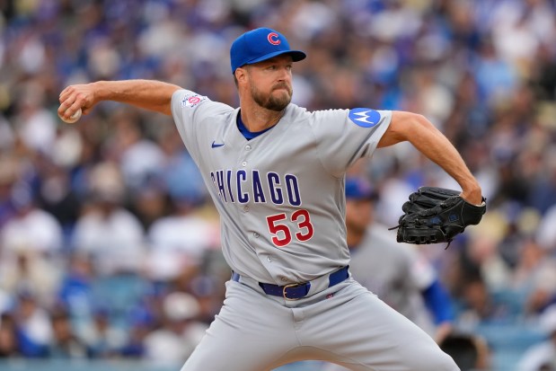 Chicago Cubs starting pitcher Colin Rea throws to the plate during the second inning of a baseball game against the Los Angeles Dodgers, Saturday, April 25, 2026, in Los Angeles. (AP Photo/Mark J. Terrill)