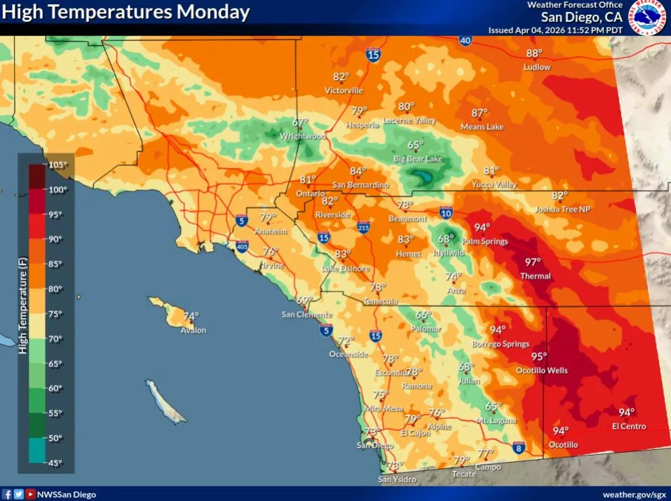 Cooling trend continues for the mountains westward with little change in the deserts on Monday (National Weather Service)