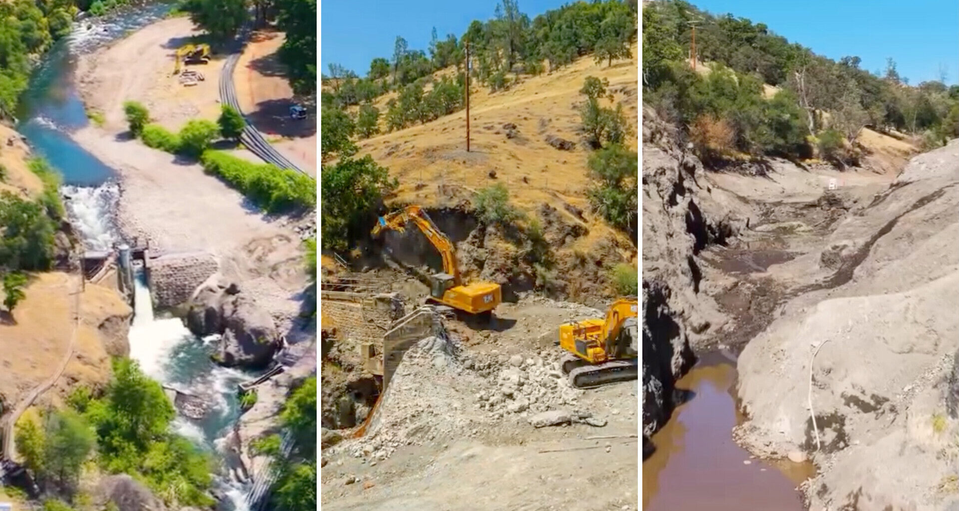 Aerial views of a river, construction equipment, and a dry riverbed in a landscape undergoing environmental changes.