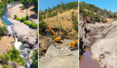 Aerial views of a river, construction equipment, and a dry riverbed in a landscape undergoing environmental changes.