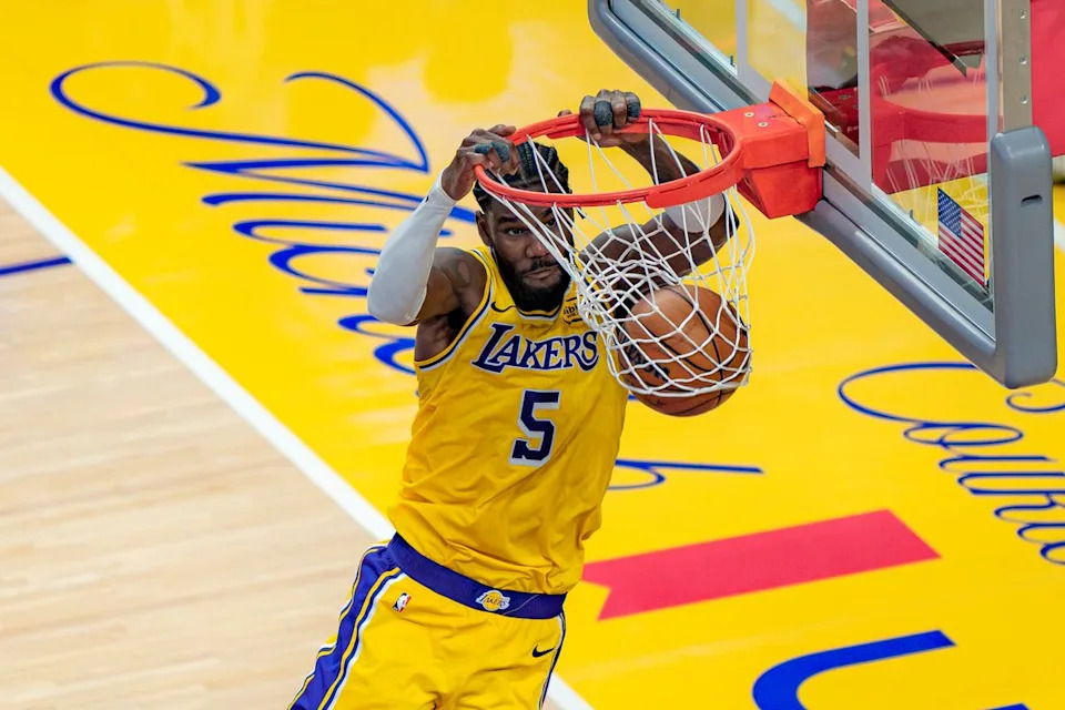Los Angeles Lakers center Deandre Ayton (5) dunking during an NBA basketball game against the Houston Rockets on April 18th, 2026 in Los Angeles, CA.