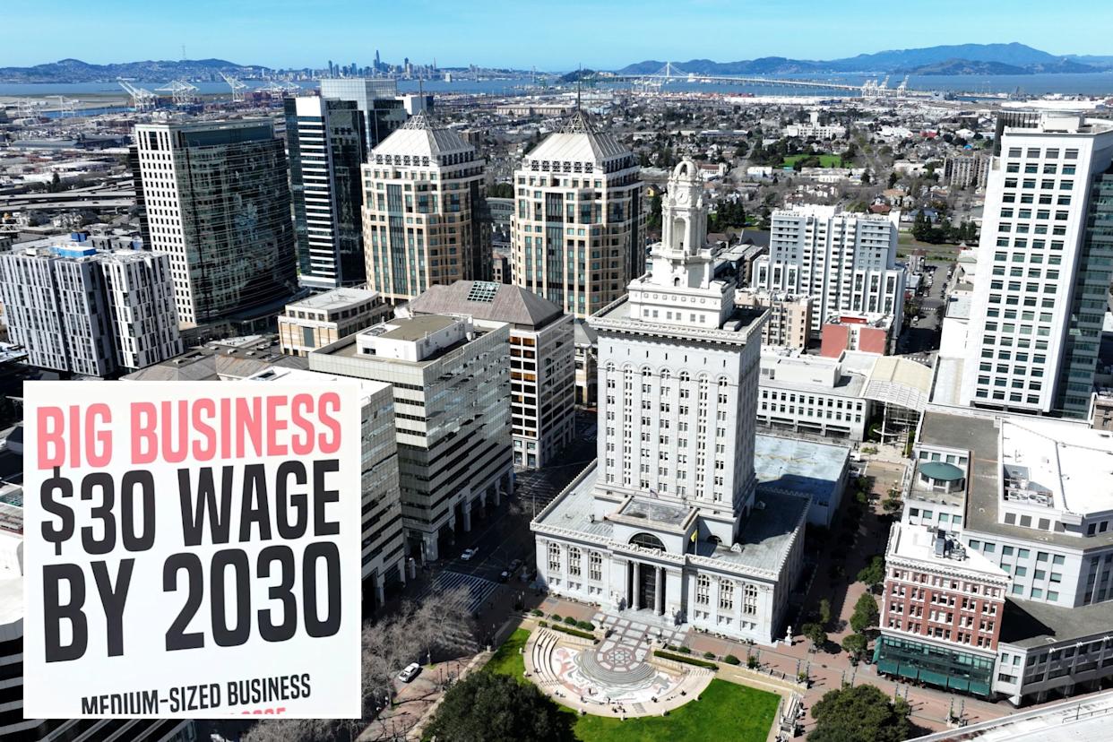 An image collage containing 2 images, Image 1 shows An aerial view of downtown Oakland, California, with the San Francisco skyline visible in the distance, Image 2 shows People protest for a $30 minimum wage by 2030 for big businesses and 2035 for medium-sized businesses