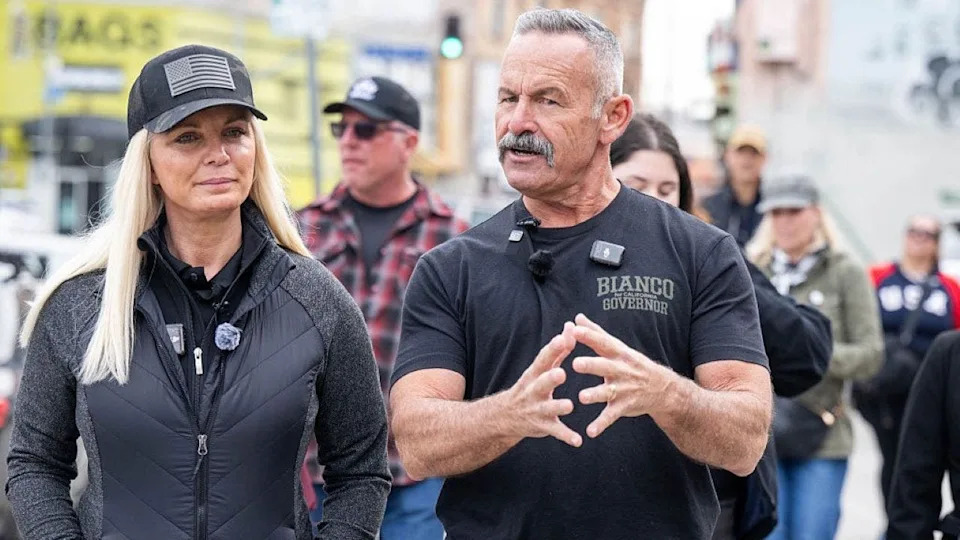 Riverside County Sheriff Chad Bianco standing with Kate Monroe on Skid Row in Los Angeles