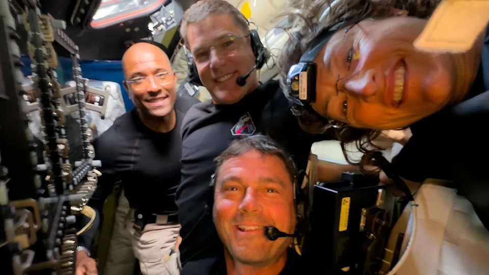 Artemis II crew members, from left, Victor Glover Jeremy Hansen, Victor Glover, Reid Wiseman and Christina Koch