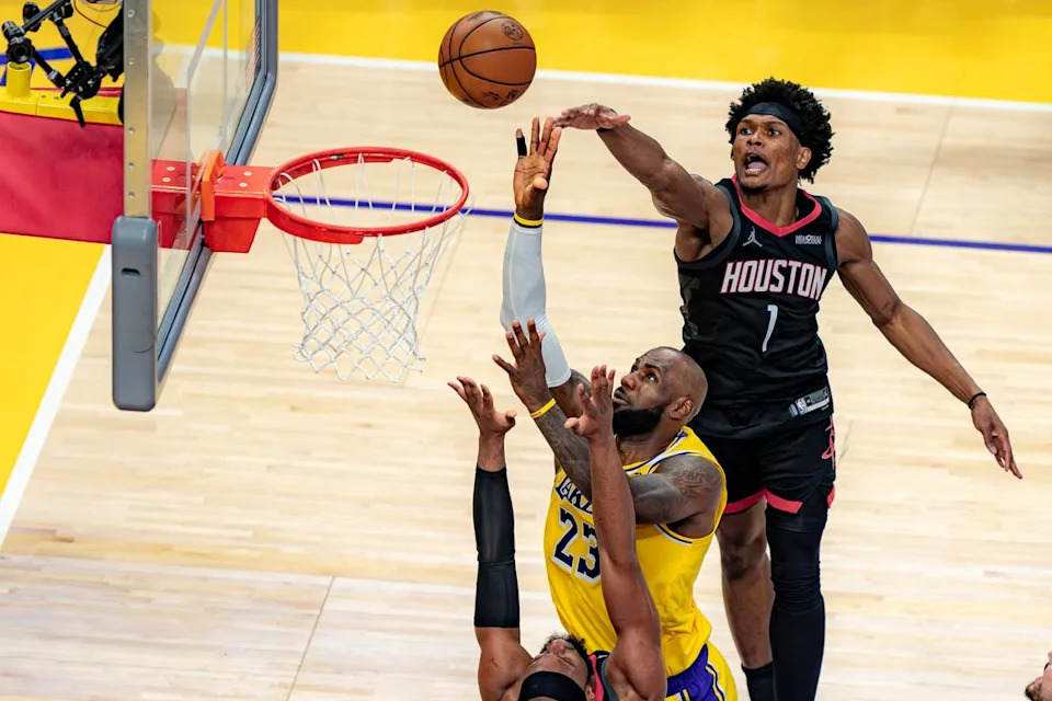 Los Angeles Lakers forward LeBron James (23) leaping for a lay up during an NBA basketball game against the Houston Rockets on April 18th, 2026 in Los Angeles, CA.