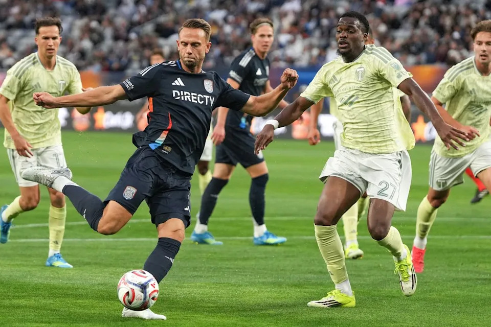 San Diego FC forward Marcus Ingvartsen (7) shoots the ball during an MLS soccer game against the San Diego FC, Saturday April 25, 2026 in San Diego, California.