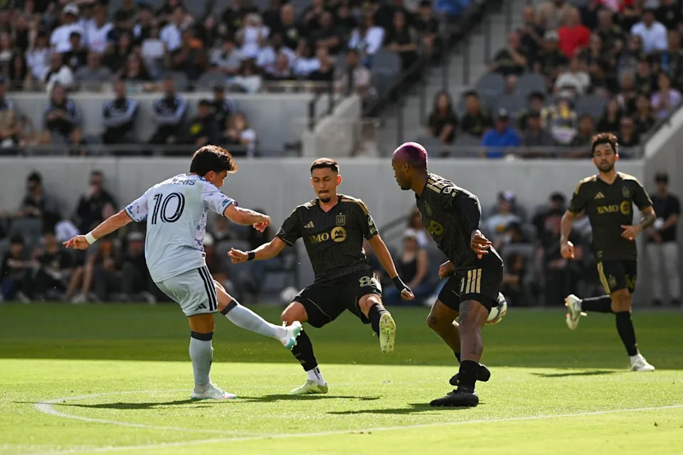 LAFC midfielder Mark Delgado (8) block a goal attempt during an MLS game between LAFC and San Jose Earthquakes on Sunday, April 19, 2026 at BMO Stadium In Los Angeles Calif at BMO Stadium in Los Angeles Calif
