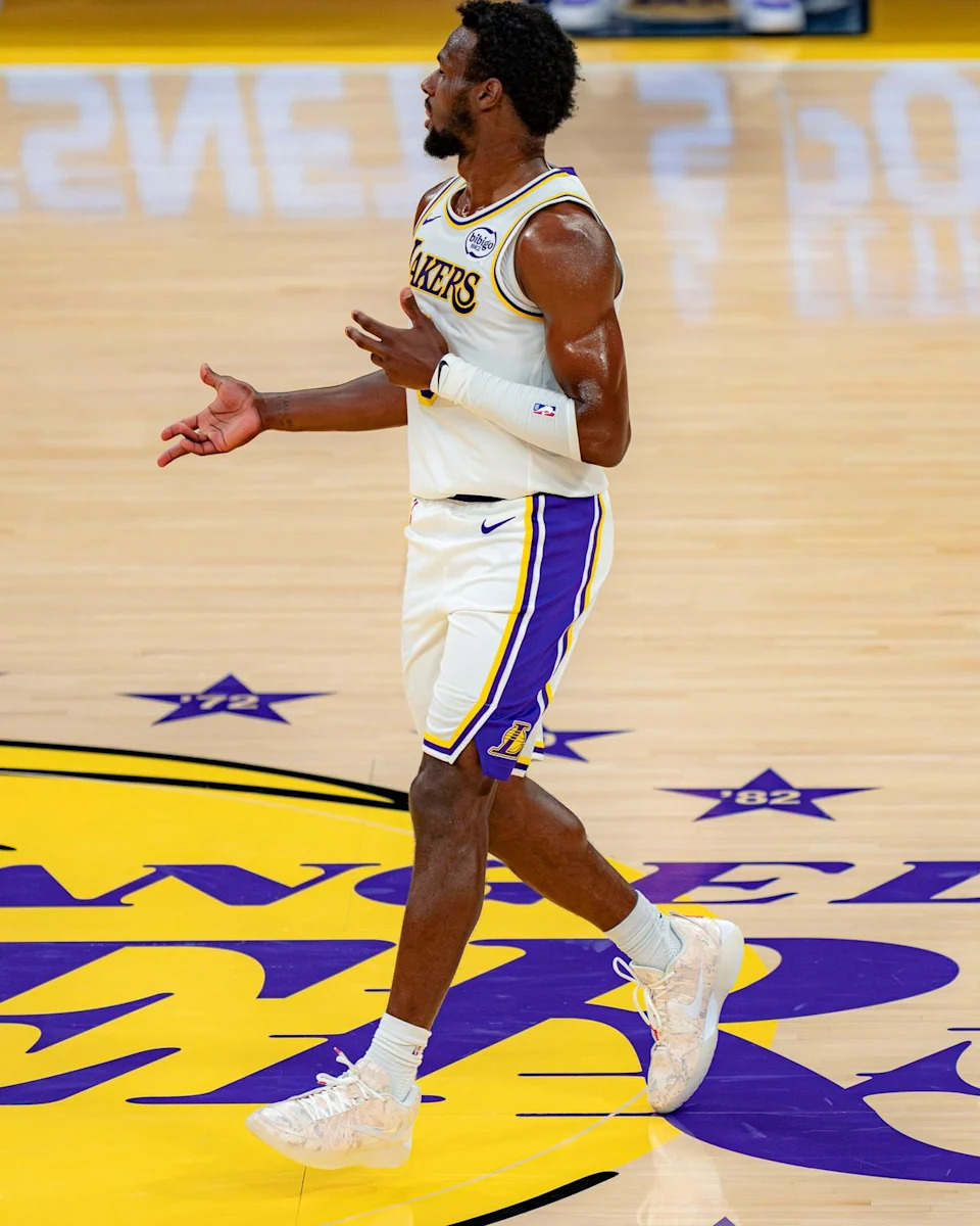 Los Angeles Lakers guard Bronny James Jr. (9) celebrating a 3 pointer during an NBA basketball game against the Utah Jazz on April 12th, 2026 in Los Angeles, CA.