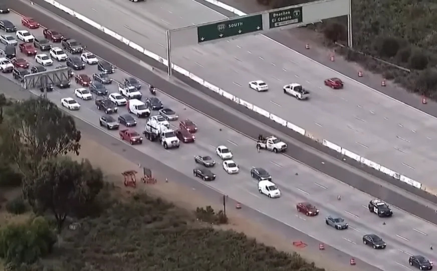 Early morning traffic is seen backed up on northbound I-805 in San Diego due to a crash on Thursday, April 2, 2026. (KSWB)
