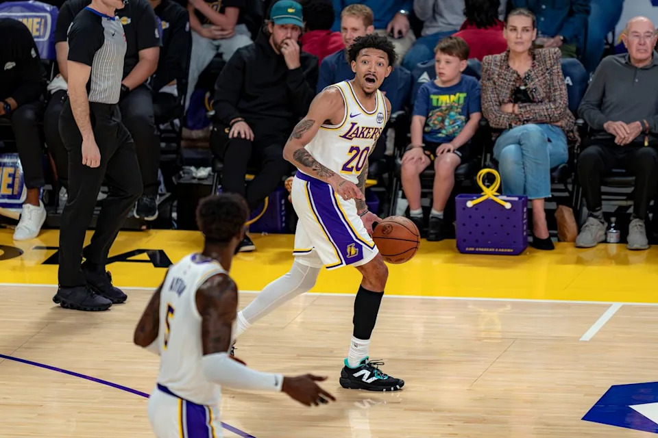 Los Angeles Lakers guard Nick Smith Jr. (20) yelling positioning to a teammate during an NBA basketball game against the Utah Jazz on April 12th, 2026 in Los Angeles, CA.