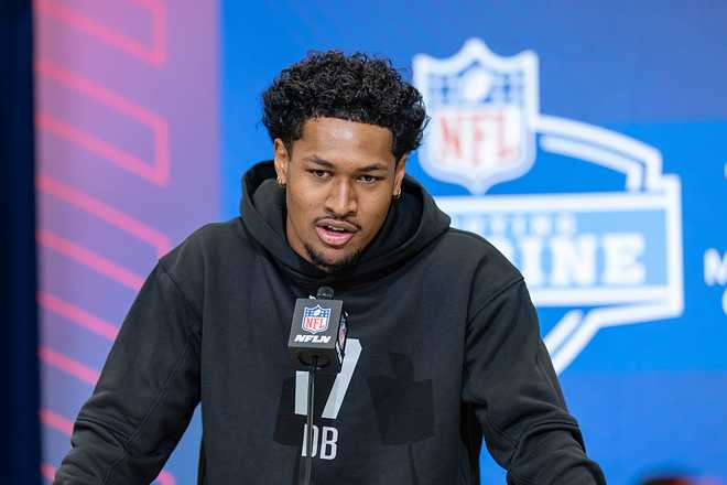 INDIANAPOLIS, INDIANA - FEBRUARY 26: Chris Johnson of the San Diego State Aztecs speaks to the media during the 2026 NFL Draft Combine at the Indiana Convention Center on February 26, 2026 in Indianapolis, Indiana. (Photo by Michael Hickey/Getty Images)