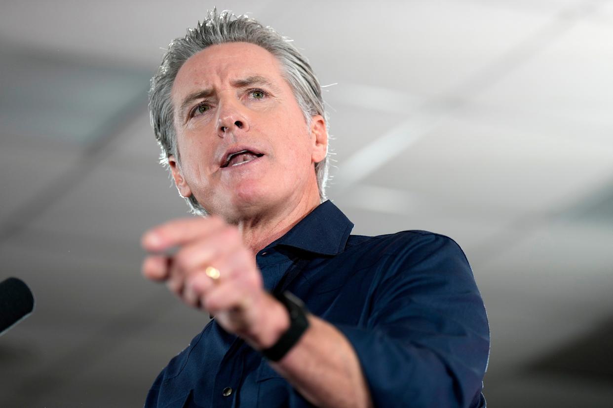 Gavin Newsom speaking at a rally in Houston.