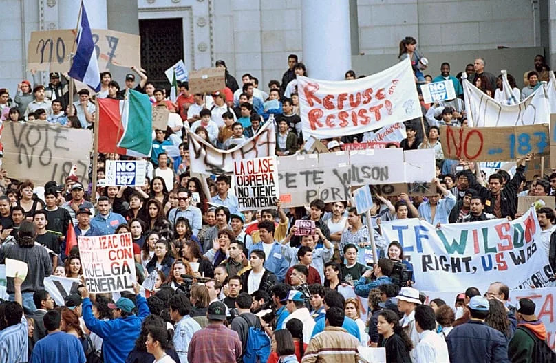 Protesters at Los Angeles City Hall, Nov. 7, 1994, demonstrating against Proposition 187. (AP Photo/Nick Ut)