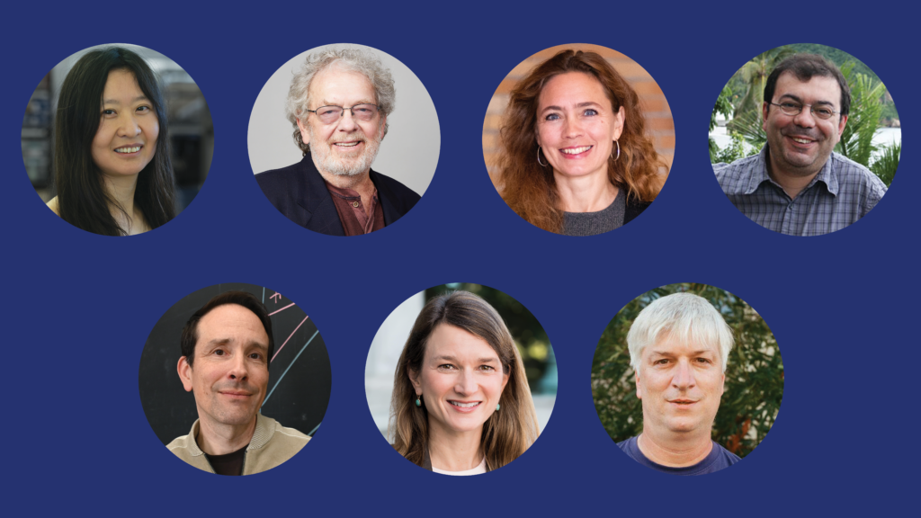 A collage of seven headshots against a blue background.