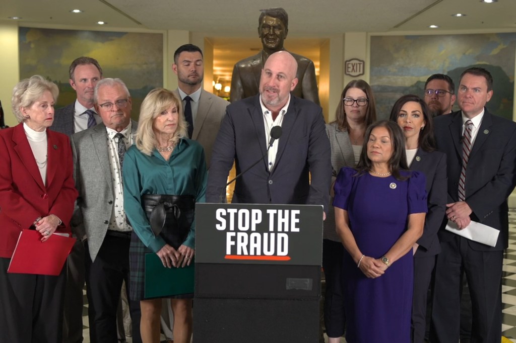 Heath Flora speaks at the "Stop the Fraud" press conference.