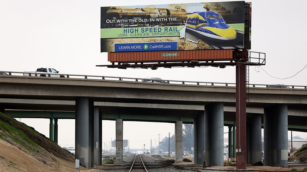 Billboard sign promoting High Speed Rail along highway in Bakersfield California