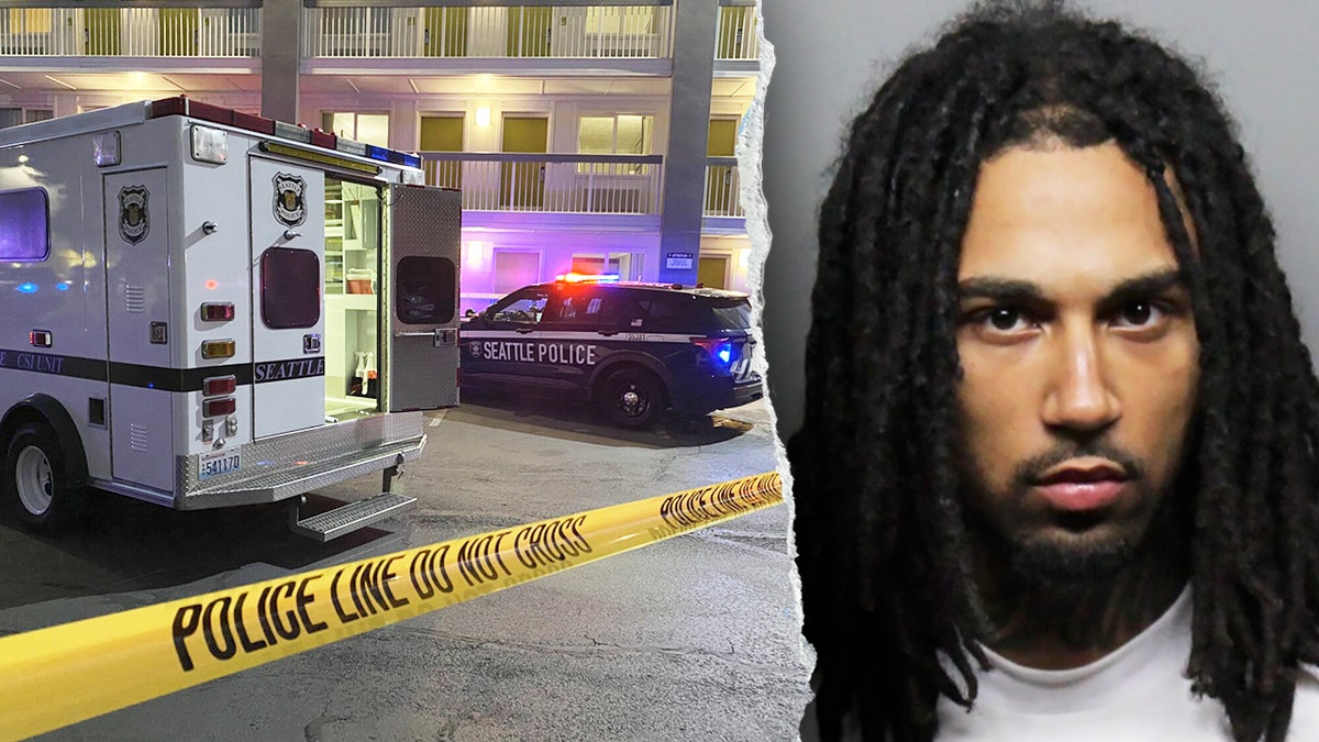 Composite image showing Seattle police vehicles at a crime scene and a mugshot of Isaiah Jamon Andrews.