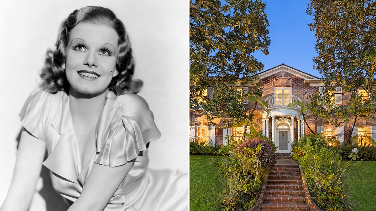 A split image of Jean Harlow and the outside of her former home.
