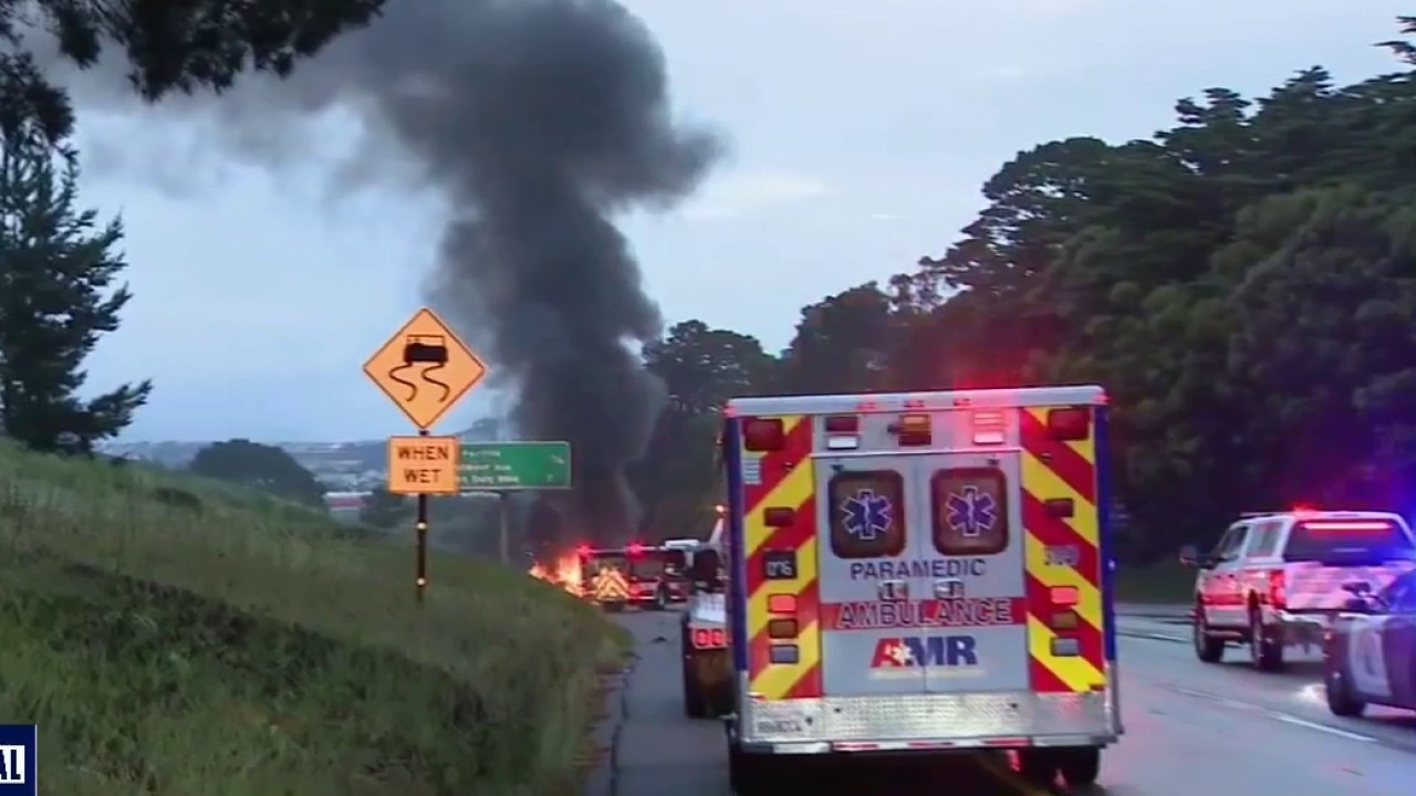 Tesla engulfed in flames on I-280 in Daly City 