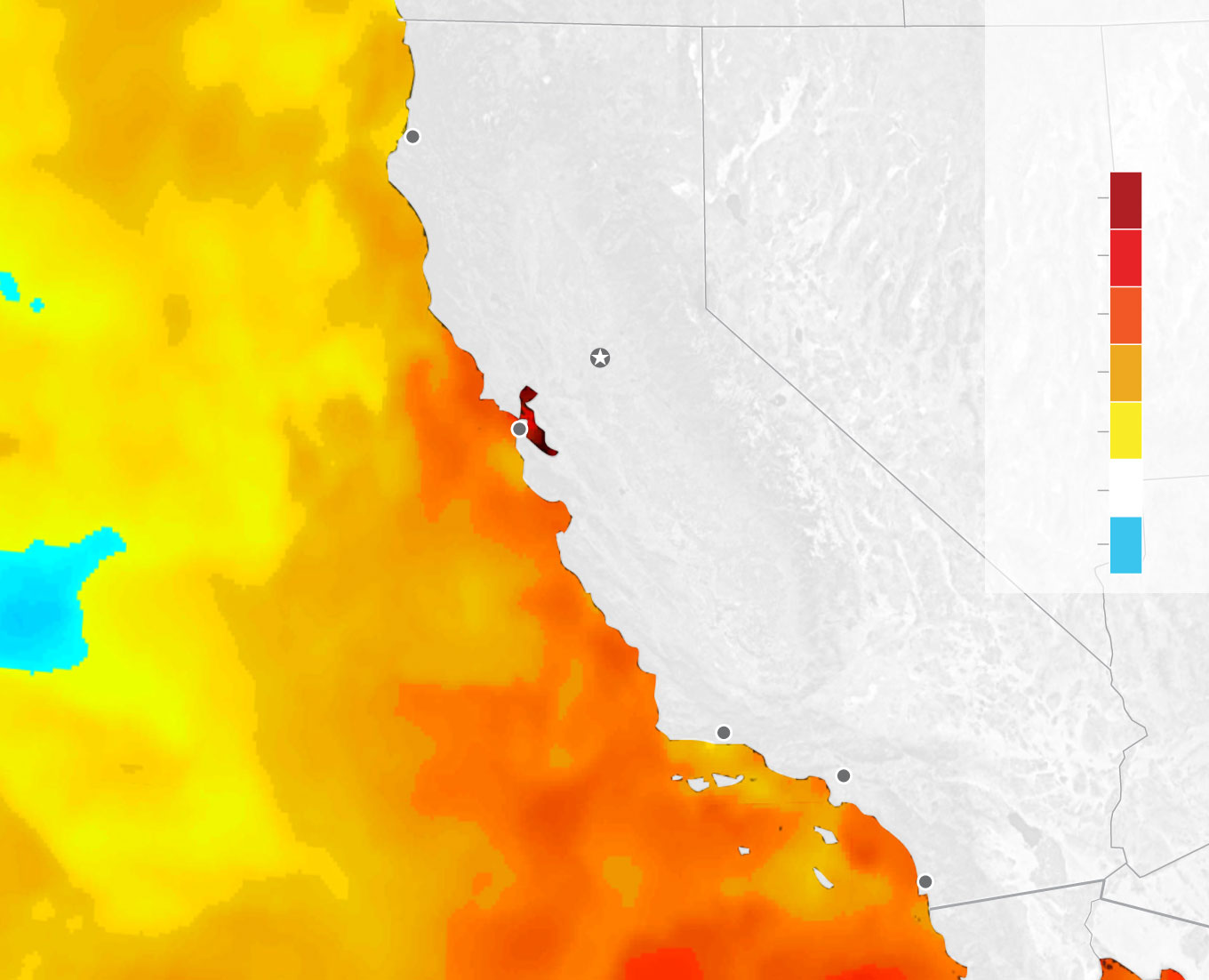 Map shows warmer than normal sea surface temperatures off the coast of California.