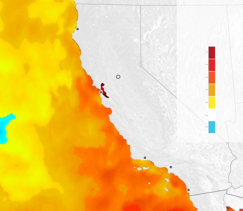 Map shows warmer than normal sea surface temperatures off the coast of California.