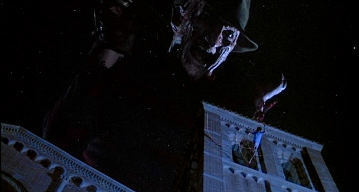 Freddy Kreuger in a death scene, cutting strings as someone is climbing a building