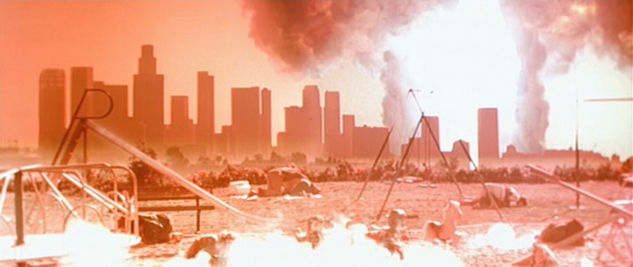 a destructed and burning playground