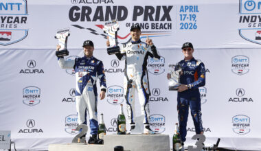 Credit: #10: Alex Palou, Chip Ganassi Racing Honda, #2: Josef Newgarden, Team Penske Chevrolet, #60: Felix Rosenqvist, Meyer Shank Racing w/Curb Agajanian Honda, #9: Scott Dixon, Chip Ganassi Racing Honda celebrate on the podium