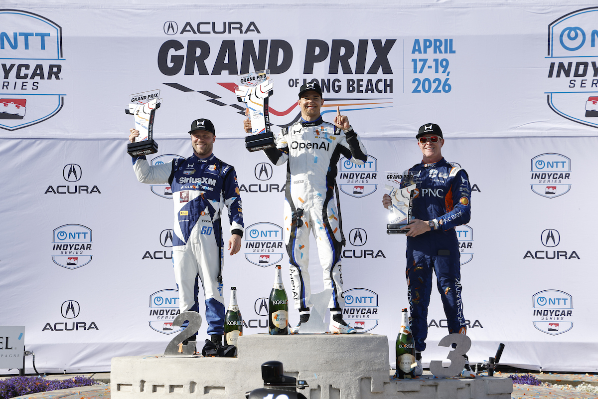 Credit: #10: Alex Palou, Chip Ganassi Racing Honda, #2: Josef Newgarden, Team Penske Chevrolet, #60: Felix Rosenqvist, Meyer Shank Racing w/Curb Agajanian Honda, #9: Scott Dixon, Chip Ganassi Racing Honda celebrate on the podium