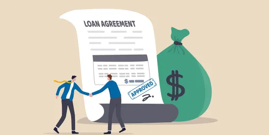 graphic of two people in suits shaking hands in front of gaint loan agreement and money bag; Two Trade Associations File Putative Class Action in California