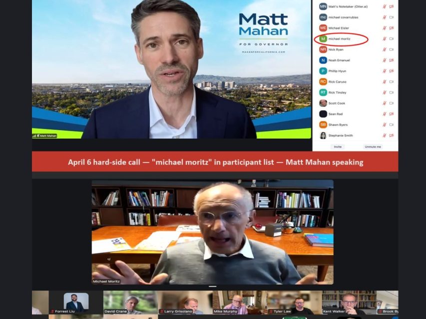 Two men are seen speaking via video call; the meeting participant list is visible, with "Michael Moritz" circled, and a news-style caption appears below the images.