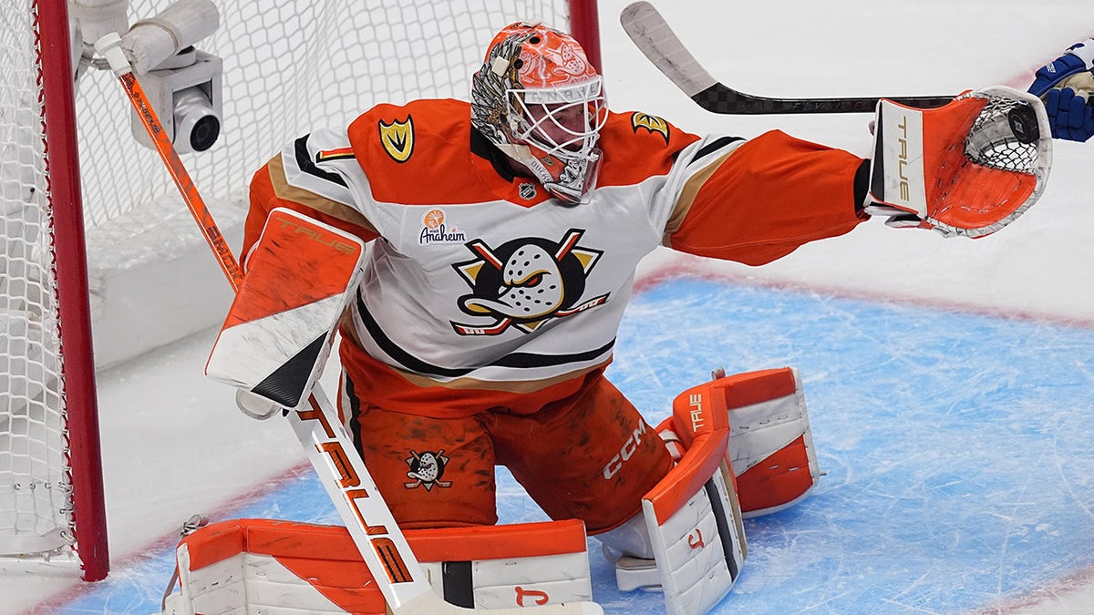 Anaheim Ducks goaltender Lukas Dostal making a glove save during NHL game in Denver