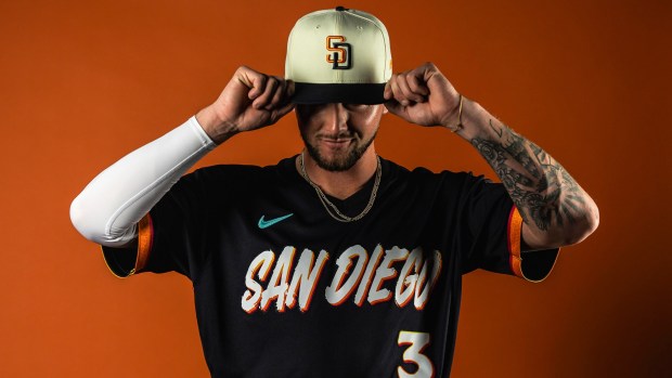 *City Connect 2.0 Photos for Media Distribution*SAN DIEGO, CALIFORNIA: Jackson Merrill #3 of the San Diego Padres poses in the 2026 San Diego City Connect Uniform.(Photo by Matt Thomas/San Diego Padres)