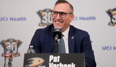 FILE - Anaheim Ducks General Manager Pat Verbeek speaks to reporters during a press conference in Anaheim, Calif., Monday, June 5, 2023. (AP Photo/Ashley Landis,File)