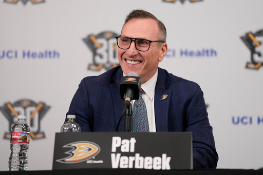 FILE - Anaheim Ducks General Manager Pat Verbeek speaks to reporters during a press conference in Anaheim, Calif., Monday, June 5, 2023. (AP Photo/Ashley Landis,File)