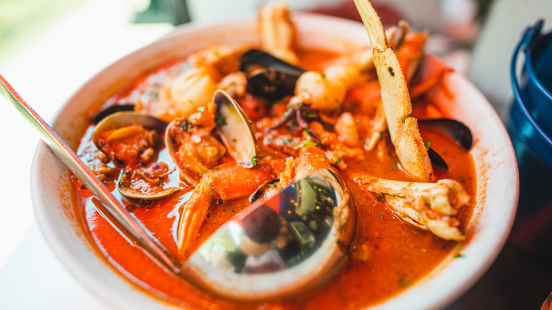 A bowl of Cioppino with crab and seafood at Sotto Mare in San Francisco.