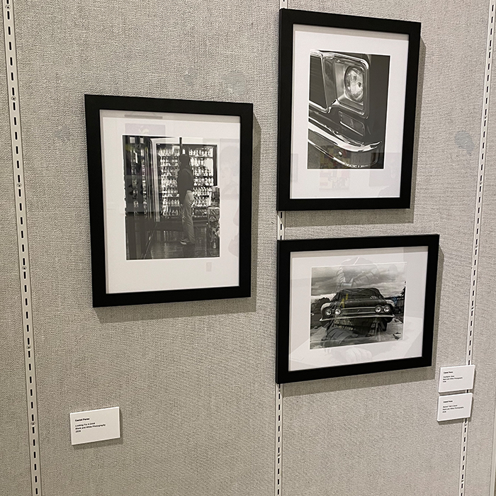 three black and white photographs in frames haning on a wall