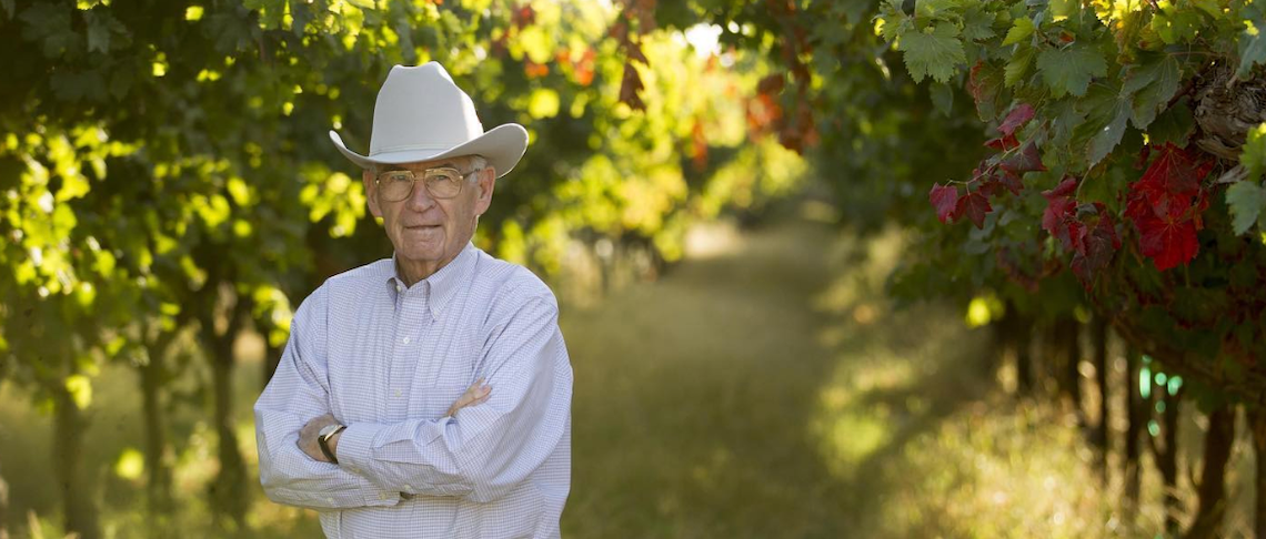 man in a cowboy hat in a vineyard