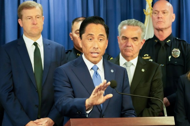 On the morning of April 15, San Diego Mayor Todd Gloria, after briefing news reporters on his proposed city budget at City Hall, responded to questions from reporters. (Nelvin C. Cepeda / The San Diego Union-Tribune)