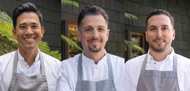 The new culinary team at The Lodge at Torrey Pines includes, from left, Executive Chef Eric Sakai, A.R. Valentien Chef de Cuisine Owen Beatty and The Grill Chef de Cuisine Michael Moritz. (The Lodge at Torrey Pines)