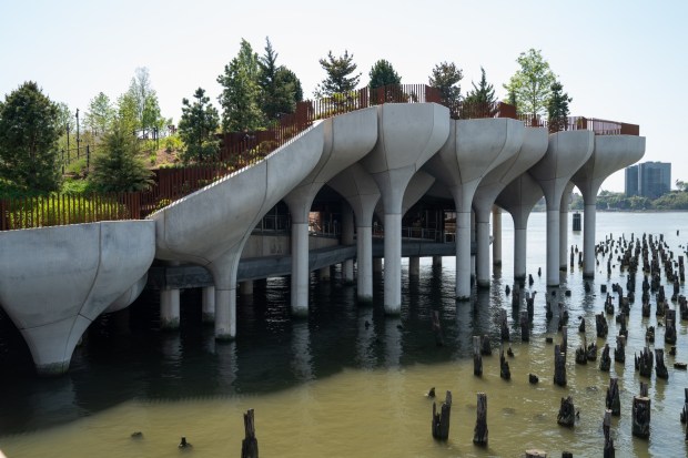 Pre-cast concrete "tulip pot" modules comprise the surface structure of the Little Island Park, seen here in May 2021, in Manhattan, New York. (New York Daily News)
