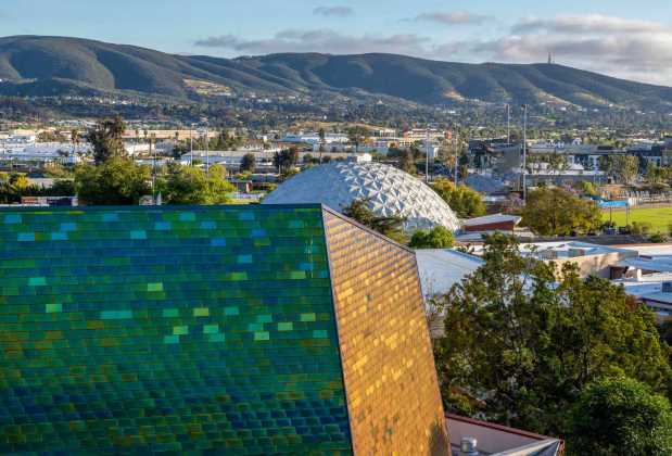 April 10, 2026_San Marcos, CA_Exterior view of the Palomar College Planetarium (foreground) with the school's landmark dome shown in the distance that houses the school's gymnasium in this view looking south. (Charlie Neuman / For The San Diego Union-Tribune)