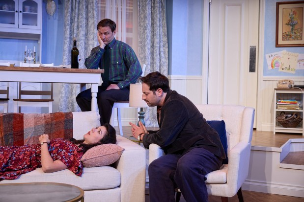 Sam Ashdown, top, Katrina Michaels, left, and Josh Cahn, right, in a scene from North Coast Repertory Theatre's "Beau Jest." (Aaron Rumley)