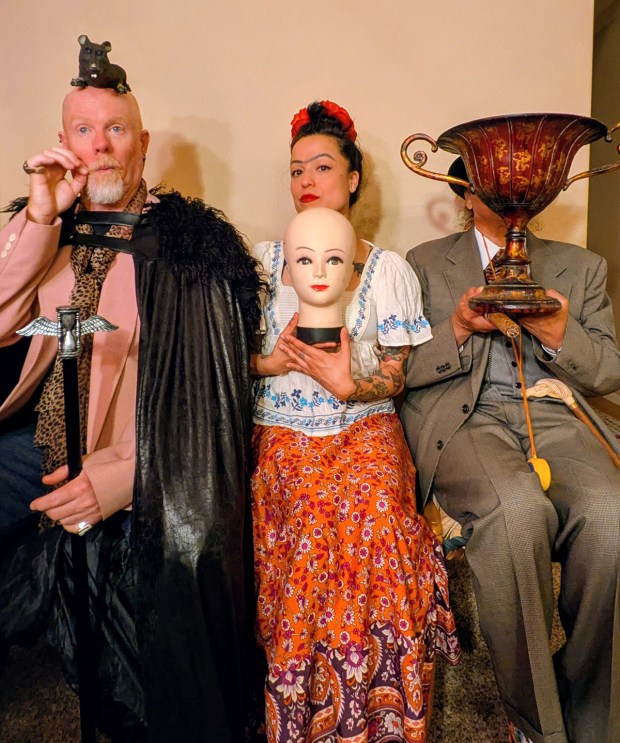 Phil Amer (Salvador Dali understudy), Ana dela Torre (Frida Kahlo) and Suchita Jhawar (Sigmund Freud) in costume for Brilliant Spectrum Art's "Your Unconscious Mind." (Brenda Townsend)