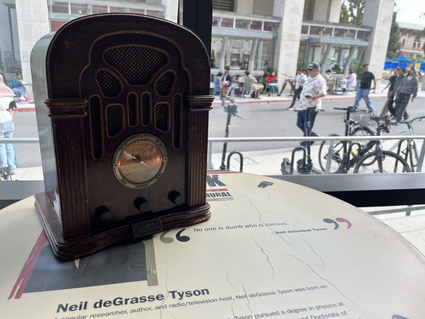 Wow-goers will need to hunt down an old-fashioned radio to retrieve the escape codes for a sentient AI being in Enemies of Times' "Message in a Bauble" at La Jolla Playhouse's 2026 WOW Festival at UC San Diego in La Jolla. (Pam Kragen / The San Diego Union-Tribune)