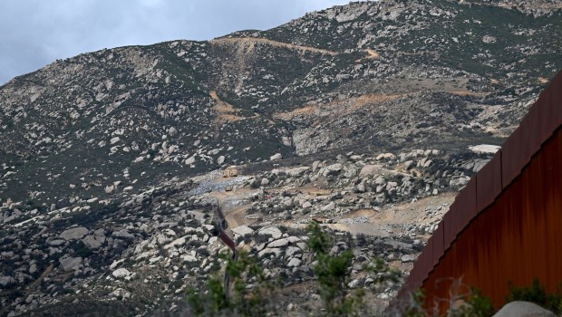 A blast site in Kuchamaa Mountain during a "ceremony" rally against the destruction left by the construction of a new border wall at the US-Mexico Border in Tecate, Baja California, Mexico on Sunday, April 12, 2026. The Kuchamaa Mountain is considered a sacred site by native groups living in both sides of the border. (Carlos Moreno / The San Diego Union-Tribune)