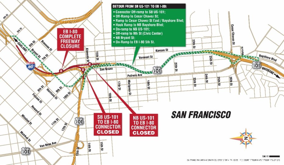 Detour map of Eastbound Interstate 80 Bayshore weekend closure. EB I-80 Complete freeway closure. SB US-101 to EB I-80 Connector closed. NB US-101 to EB I-80 Connector closed. Detour form SB US-101 to EB I-80. Connector Off-ramp to SB US-101; Off-ramp to Cesar Chavez St.; Ramp to Cesar Chavez St. East/Bayshore Blvd; Hook ramp to NB Bayshore Blvd; on-ramp to NB US-101; Off-ramp to 9th St. (Civic Center); NB Bryant St.; On-Ramp to EB I-80 5th St.