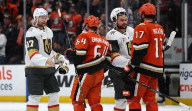May 14, 2026; Anaheim, California, USA; Vegas Golden Knights defenseman Ben Hutton (17) and defenseman Rasmus Andersson (4) greet Anaheim Ducks center Mikael Granlund (64) and left wing Alex Killorn (17) after game six of the second round of the 2026 Stanley Cup Playoffs at Honda Center. Mandatory Credit: Kiyoshi Mio-Imagn Images