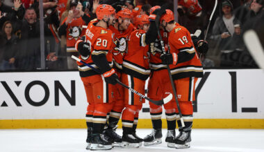 May 14, 2026; Anaheim, California, USA; Anaheim Ducks center Mikael Granlund (middle) celebrates with teammates after scoring a power-play goal against Vegas Golden Knights during the second period of game six of the second round of the 2026 Stanley Cup Playoffs at Honda Center. Mandatory Credit: Kiyoshi Mio-Imagn Images